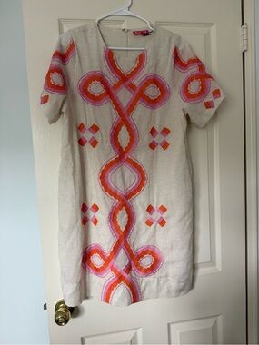 Women's Embroidered Linen-Blend Shift Dress in Beige with Pink & Orange Accents